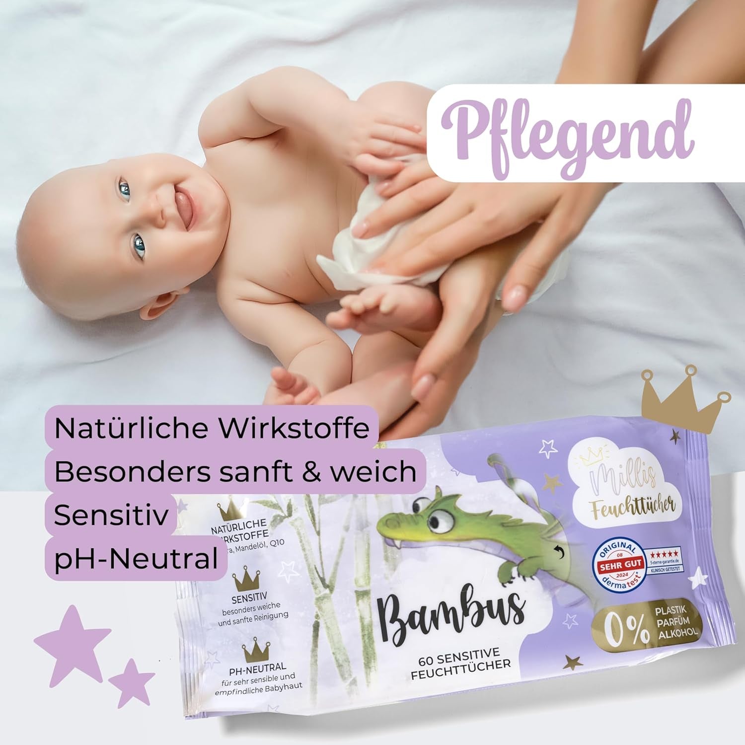 Salviette umidificate Millis Bamboo Baby Sensitive per la pelle delicata del bambino - 5 x 60 pezzi - Pulizia naturale, delicata e sostenibile - Salviette biodegradabili per neonati, senza plastica e senza alcool