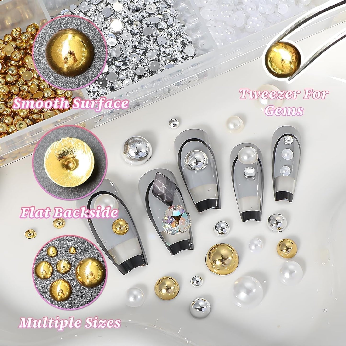 GZMAYUEN 920 pezzi perle per unghie con retro piatto oro argento per unghie, perle per unghie beige bianco Halbrunde, piccole perle con retro piatto Halbrunde per decorazioni per nail art fai da te