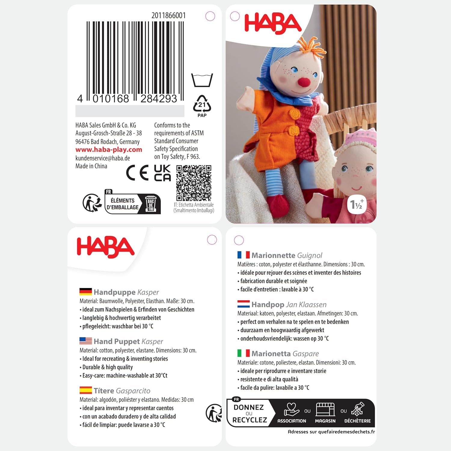 Burattino da mano HABA Kasper – A partire da 18 mesi, Lavabile a 30°C, Ideale per burattini e giochi di ruolo, teatro delle marionette – 2011866001