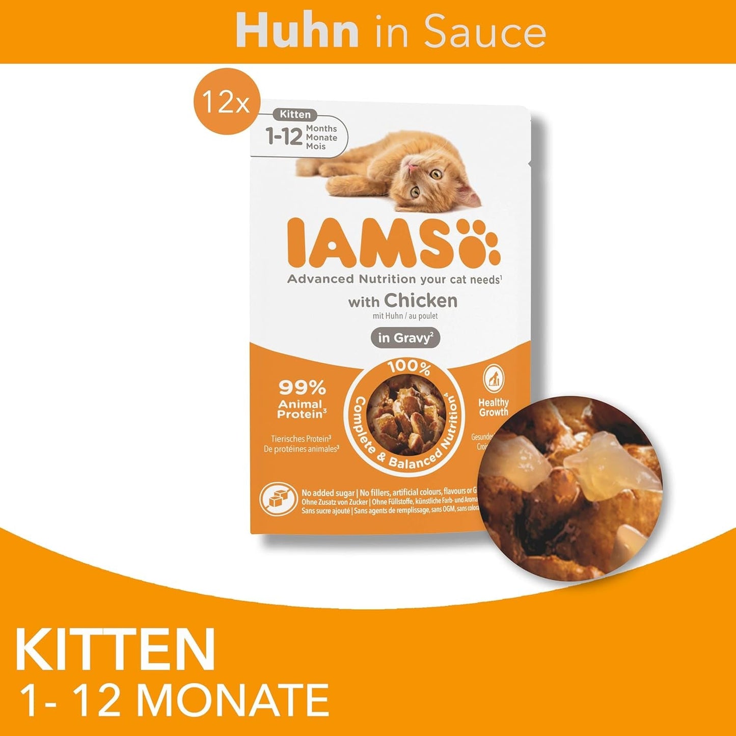 IAMS Delights Kitten Nassfutter - Multipack Katzenfutter mit Hunn in Sauce, alta qualità Futter für Junior Kätzchen von 1-12 Monate, 12 x 85 g