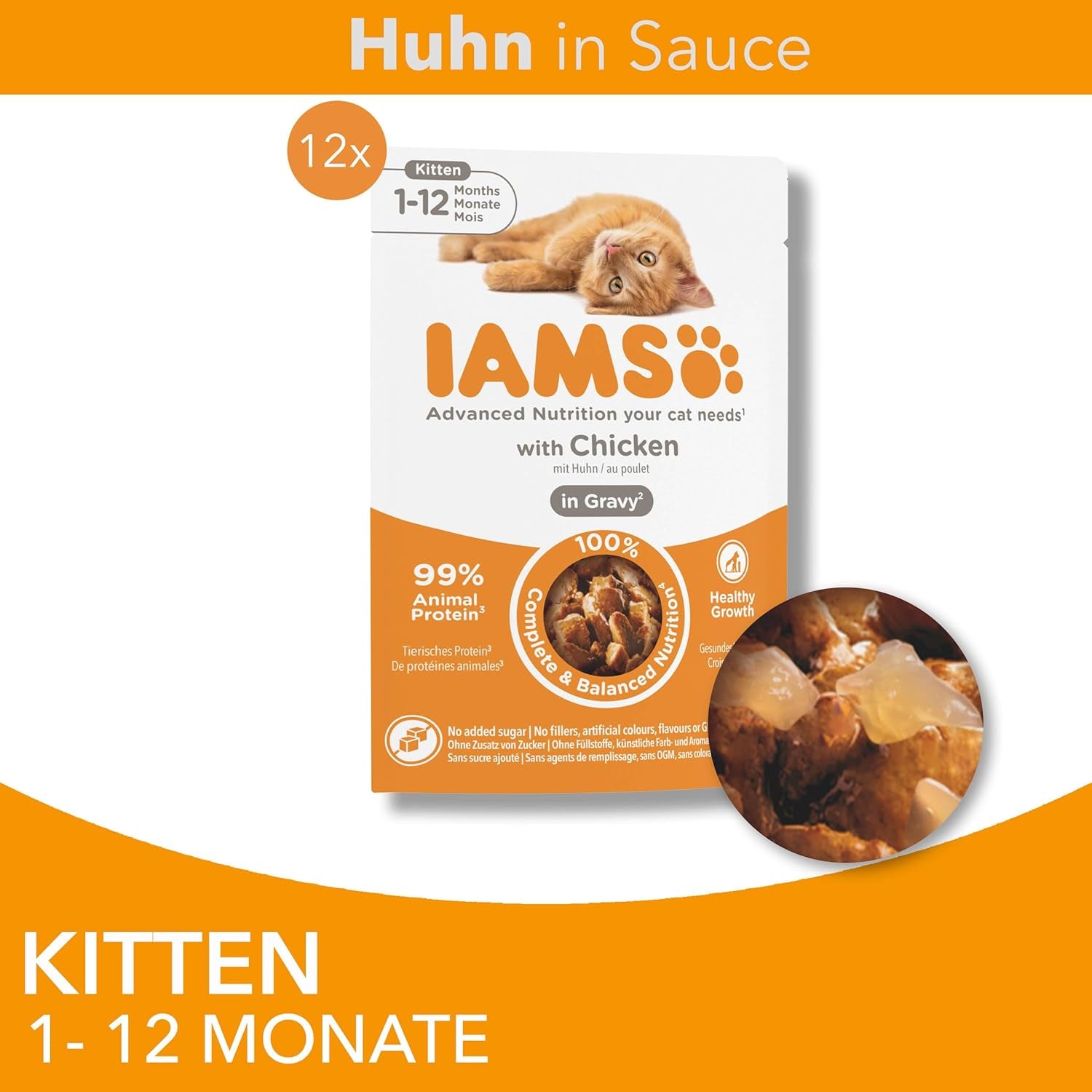 IAMS Delights Kitten Nassfutter - Multipack Katzenfutter mit Hunn in Sauce, alta qualità Futter für Junior Kätzchen von 1-12 Monate, 12 x 85 g