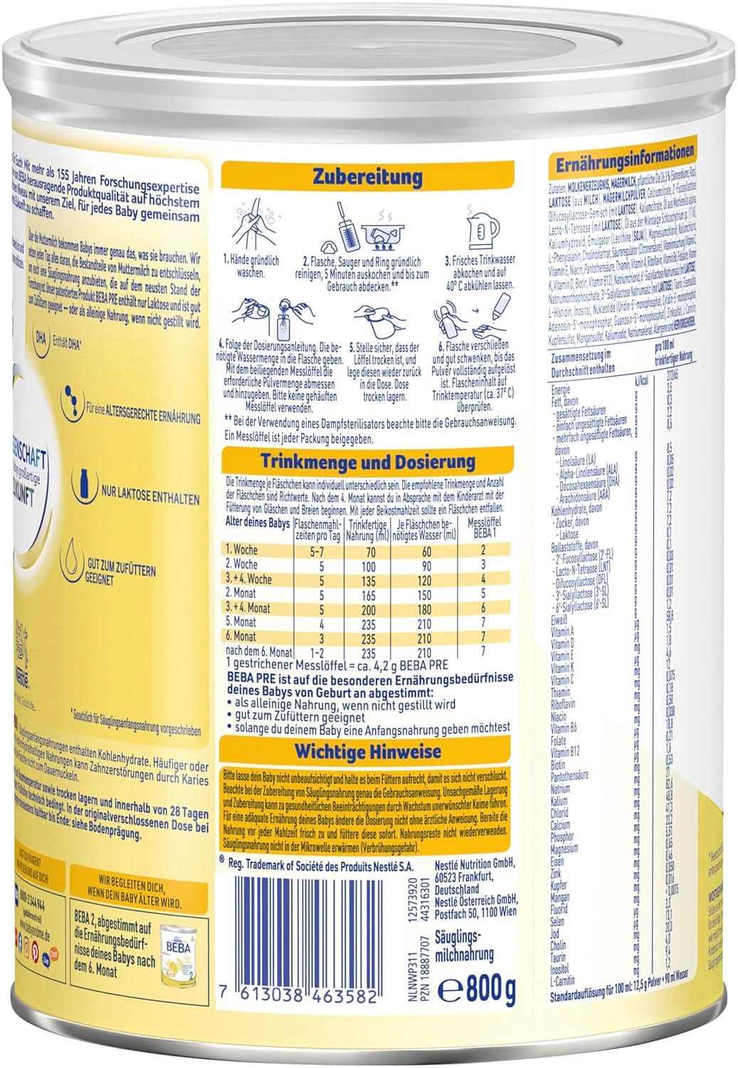 BEBA PRE Latte Iniziale dalla Nascita, Alimenti per Bambini con DHA, Solo Lattosio, Senza Olio di Palma, Confezione 3 (3 x 800g) Naty Shop