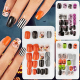 72 pezzi Unghie di Halloween Unghie finte autoadesive Unghie artificiali corte Unghie pressate autoadesive Zucca Fantasma Unghie artificiali Suggerimenti Nail Art Arancione Verde Nero