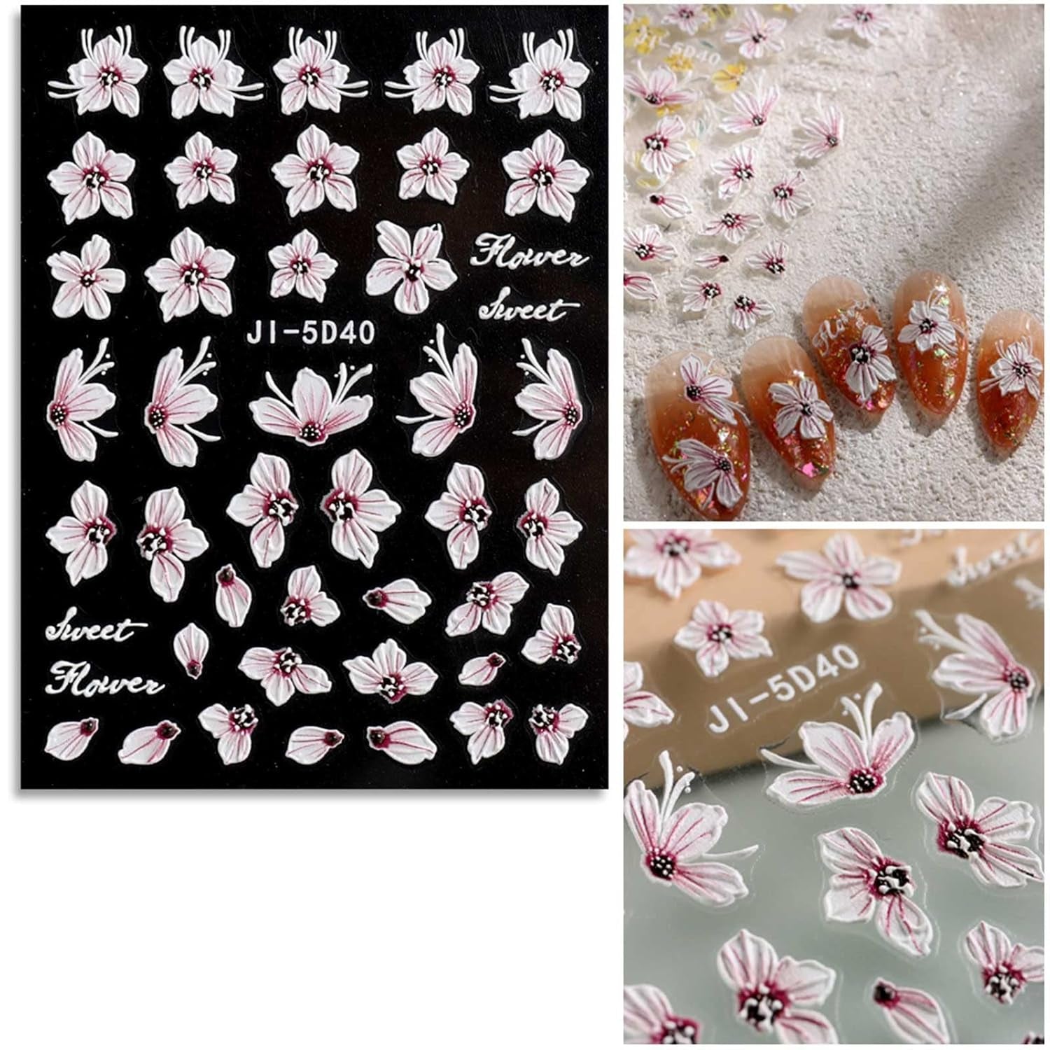 JMEOWIO 3D Nagelsticker Frühling Blume Nail Art Sticker Selbstklebend Nagelaufkleber 5D Stereoscopic Buntes Sommer Blumen Dekoration Nageldesign Zubehör 4 Blatt