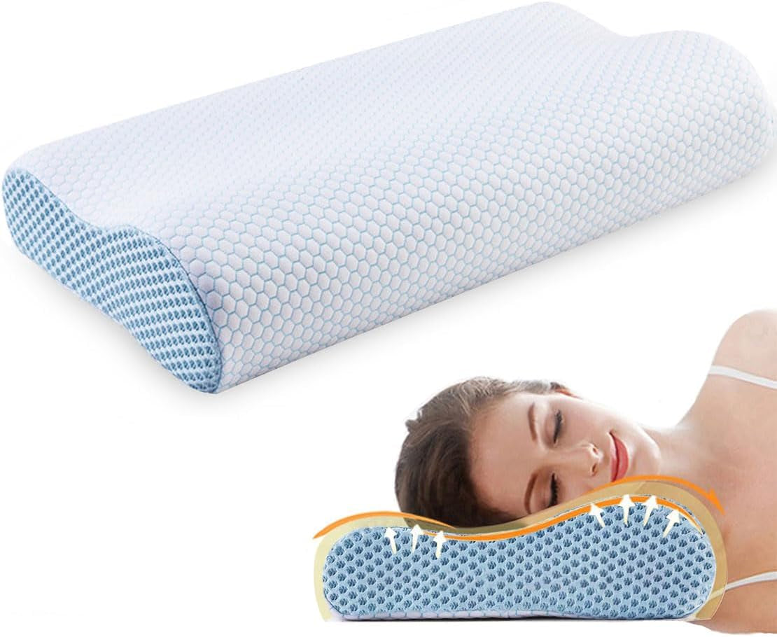 Cuscino Memory Foam, Cuscino Di Supporto Per Il Collo, Cuscino Collo ergonomico Per Diverse Posizioni Del Sonno Con Fodera Sfoderabile Cuscini Ortopedici Cervicali Naty Shop Blu e Bianco