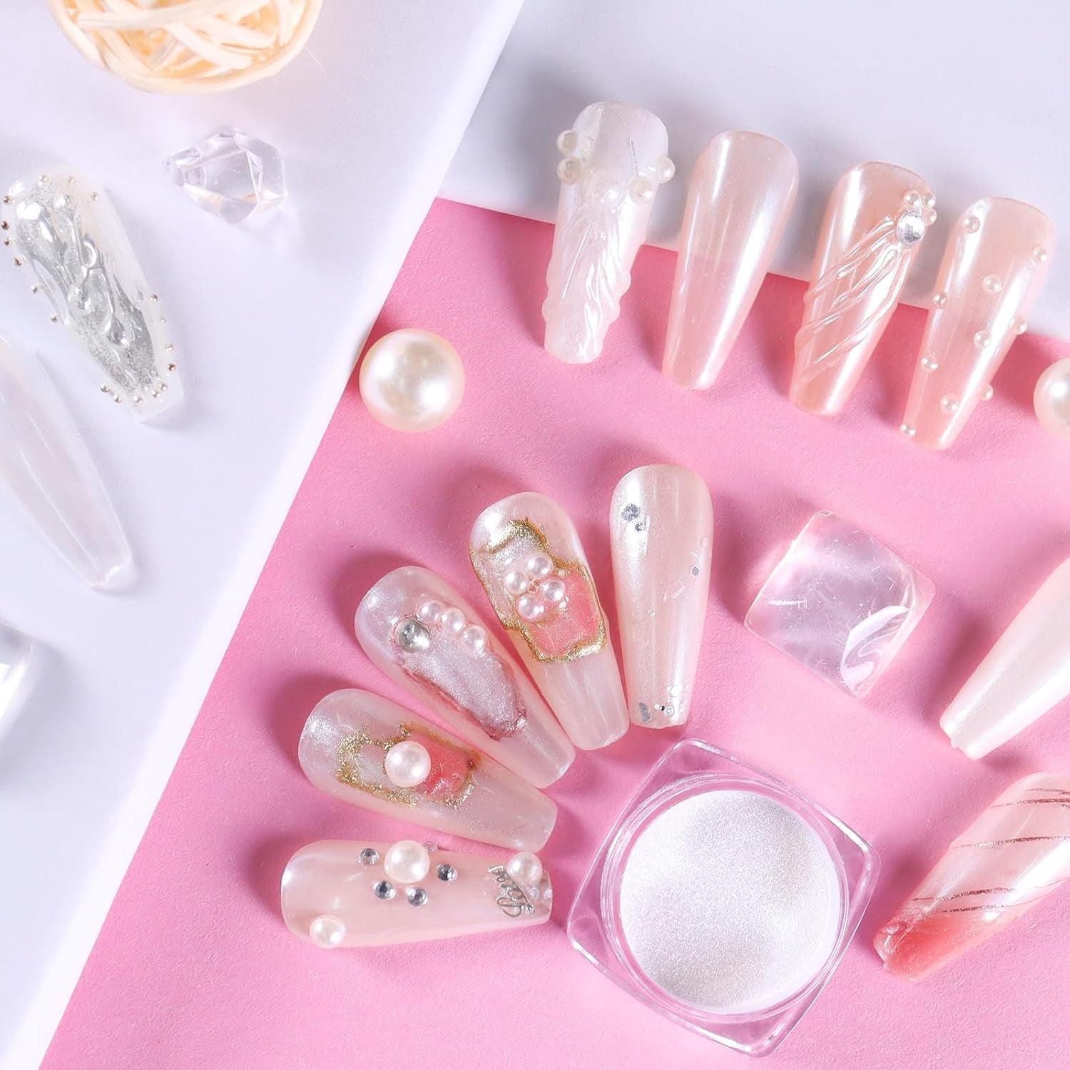 White Pearl Chrom Nagel Pulver, Irisierendes Aurora Pulver Metallic Spiegel Effekt Glitter Pulver Pearlescent Eis Transparent Meerjungfrau Pigment Perle Glitter Staub für Nail Art Dekoration