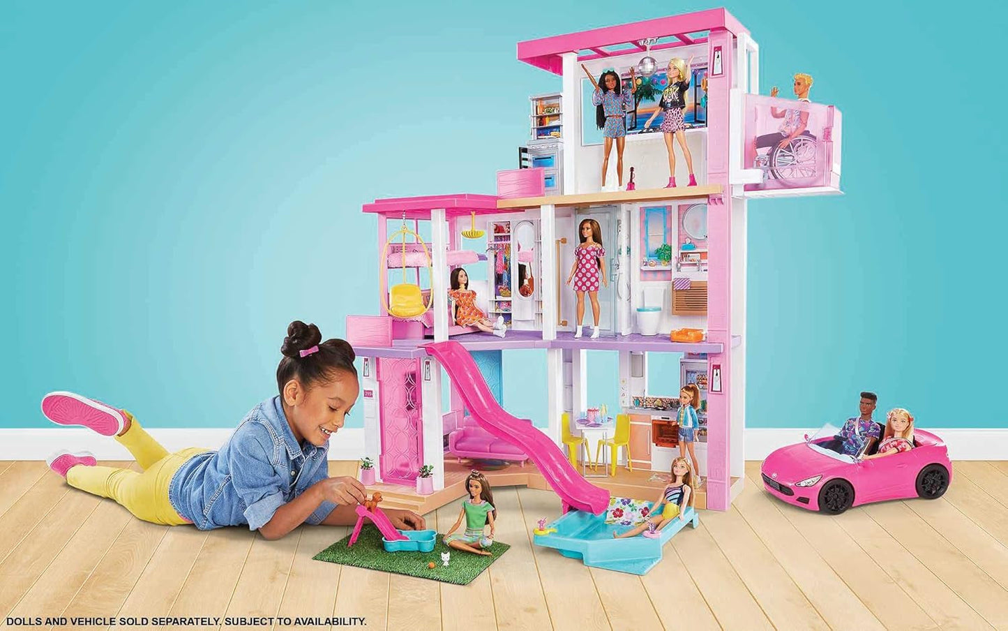 Barbie Dream House (114 cm), casa delle bambole a 3 piani, piscina, scivolo, ascensore per sedie a rotelle, 75 accessori, bambole, adatta come regalo per bambini dai 3 anni in su, GRG93 Naty Shop Case delle bambole