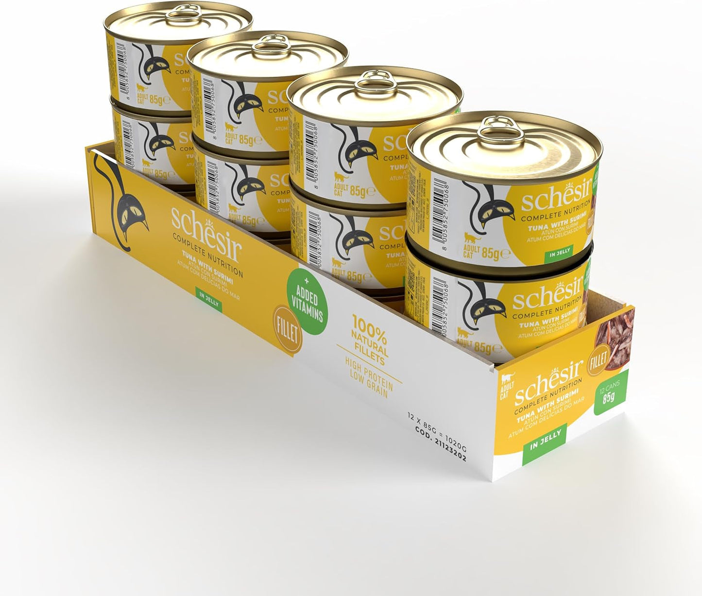 Tonno Surimi in gelatina, cibo umido per gatti, in scatola, 100% naturale, con vitamine aggiunte, 12 x 85 g