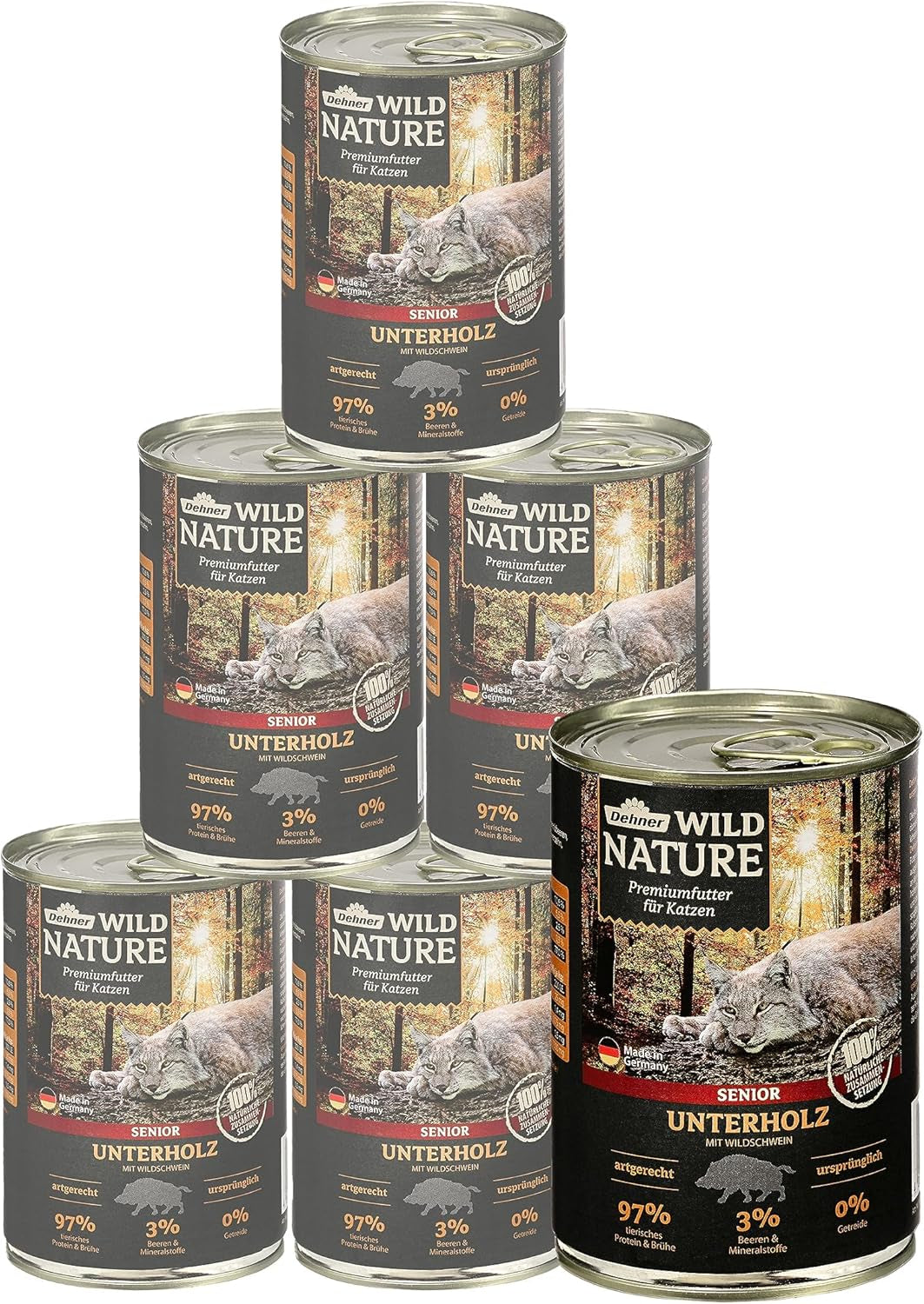 Dehner Wild Nature Katzenfutter Unterholz, Nassfutter getreidefrei / zuckerfrei, für ältere Katzen, Wildschwein, 6 dosi da 400 g, (2,4 kg)