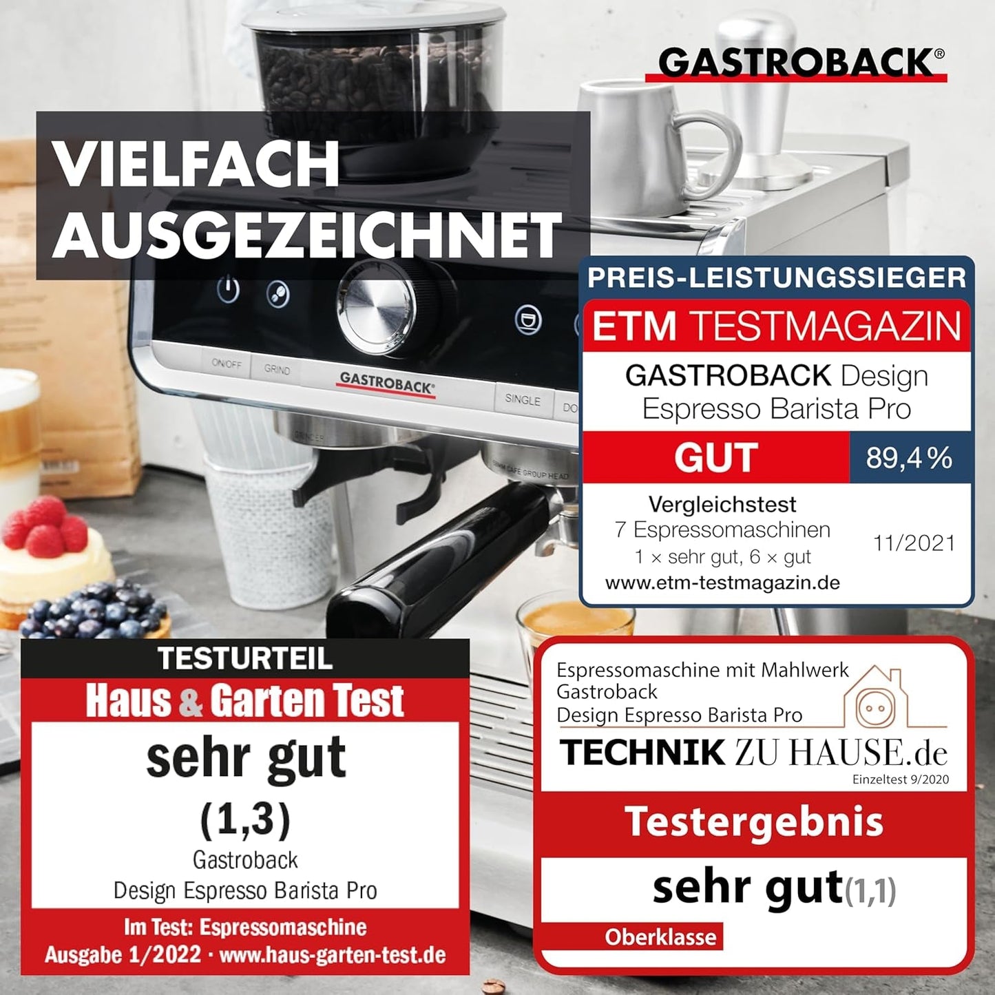 Macchina per caffè espresso GASTROBACK con macinacaffè, inclusa lattiera, pressa e portafiltro in acciaio inox - Macchina per caffè espresso Barista con montalatte - Macchina per caffè espresso con 30 impostazioni di macinatura