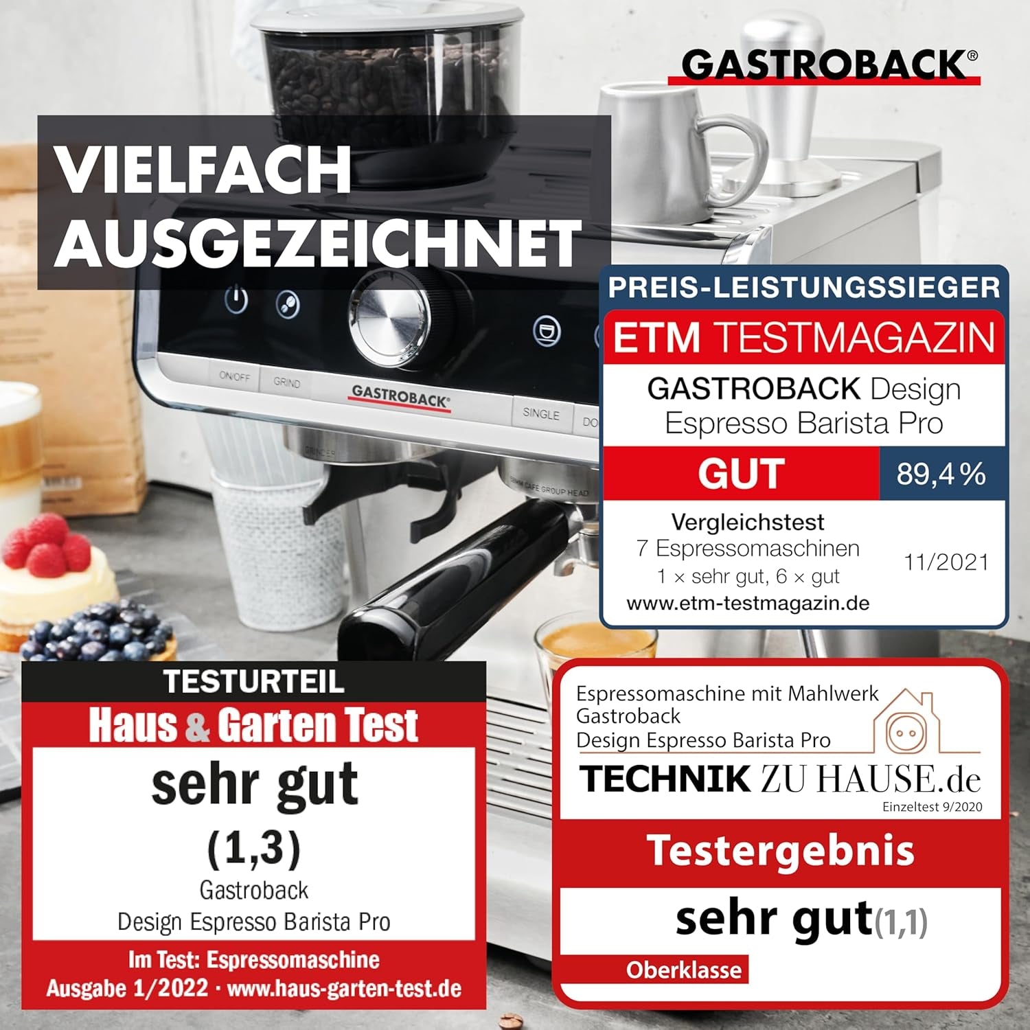 Macchina per caffè espresso GASTROBACK con macinacaffè, inclusa lattiera, pressa e portafiltro in acciaio inox - Macchina per caffè espresso Barista con montalatte - Macchina per caffè espresso con 30 impostazioni di macinatura