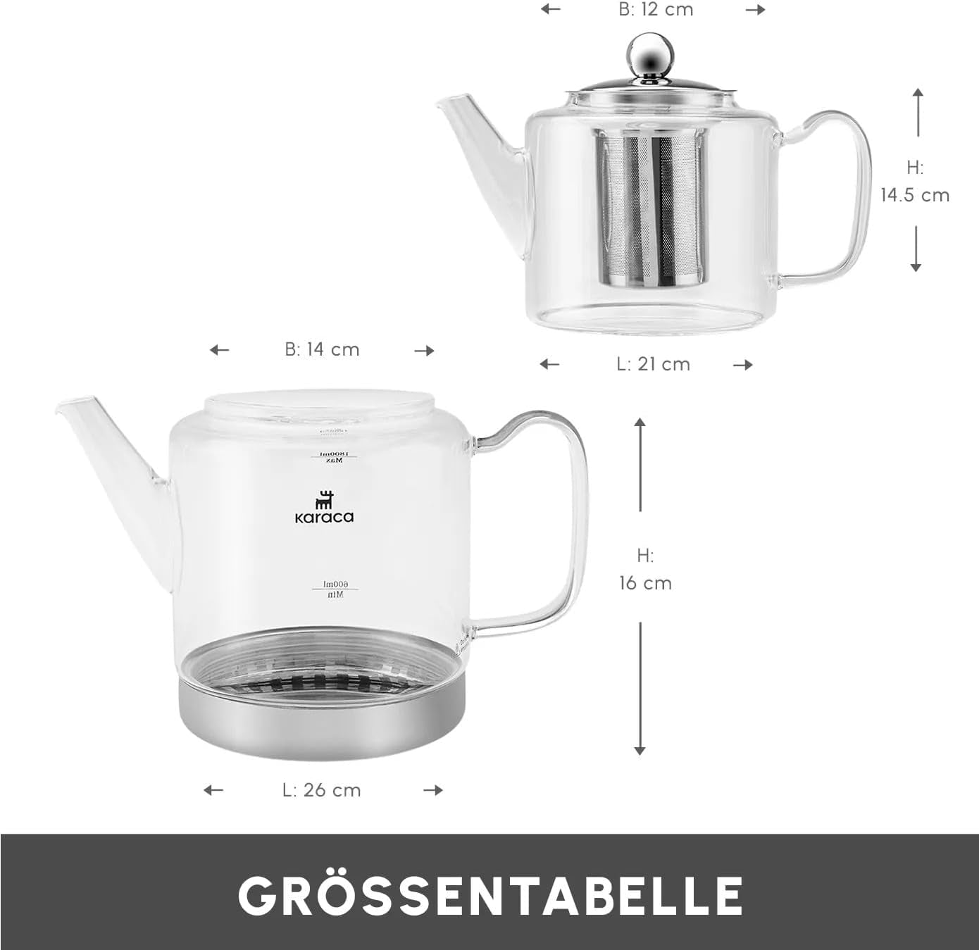 Karaca Dora Set bollitore in vetro borosilicato con infusore per tè in acciaio inossidabile, bollitore da 2 litri e bollitore in vetro da 1 litro con infusore, bollitore turco, Caydanlik, macchina per tisane turche, tè sfuso, XL