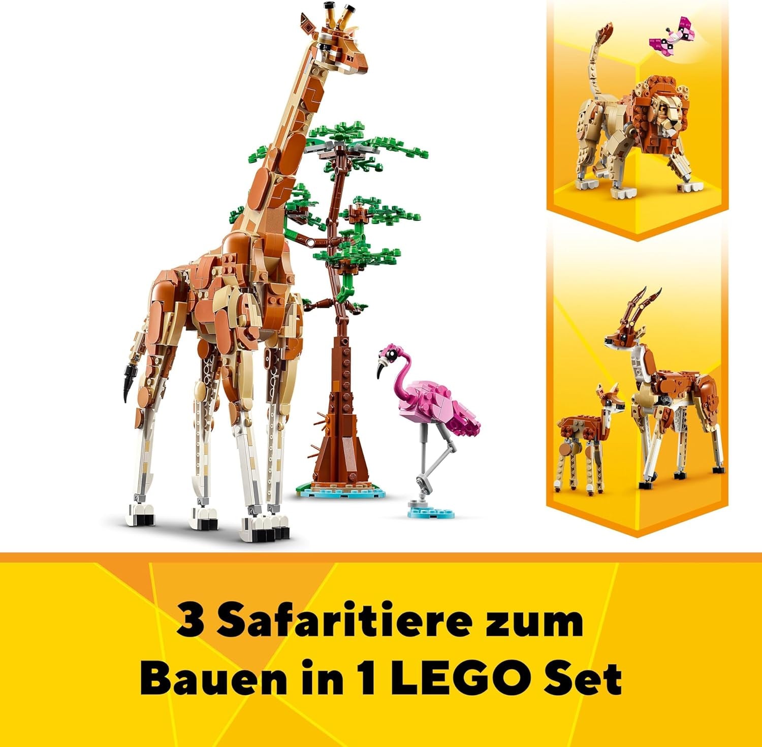 LEGO Creator 3In1 Animal Safari, set creativo con personaggi di animali, 3 opzioni di costruzione: giraffa, gazzella e leone giocattolo, animali giocattolo per ragazze e ragazzi, regalo naturale per bambini dai 9 anni in su 31150 Set da costruzione Beuche den LEGO-Store