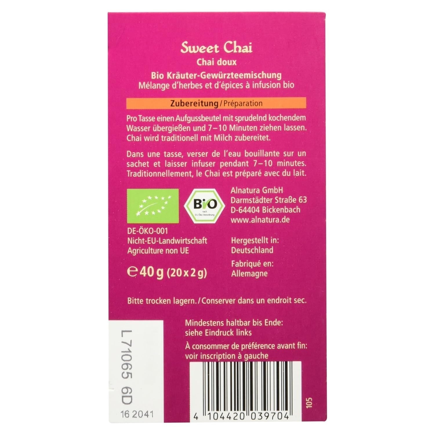 Tè biologico Sweet Chai, 20 bustine di tè, 40 g (confezione da 3)