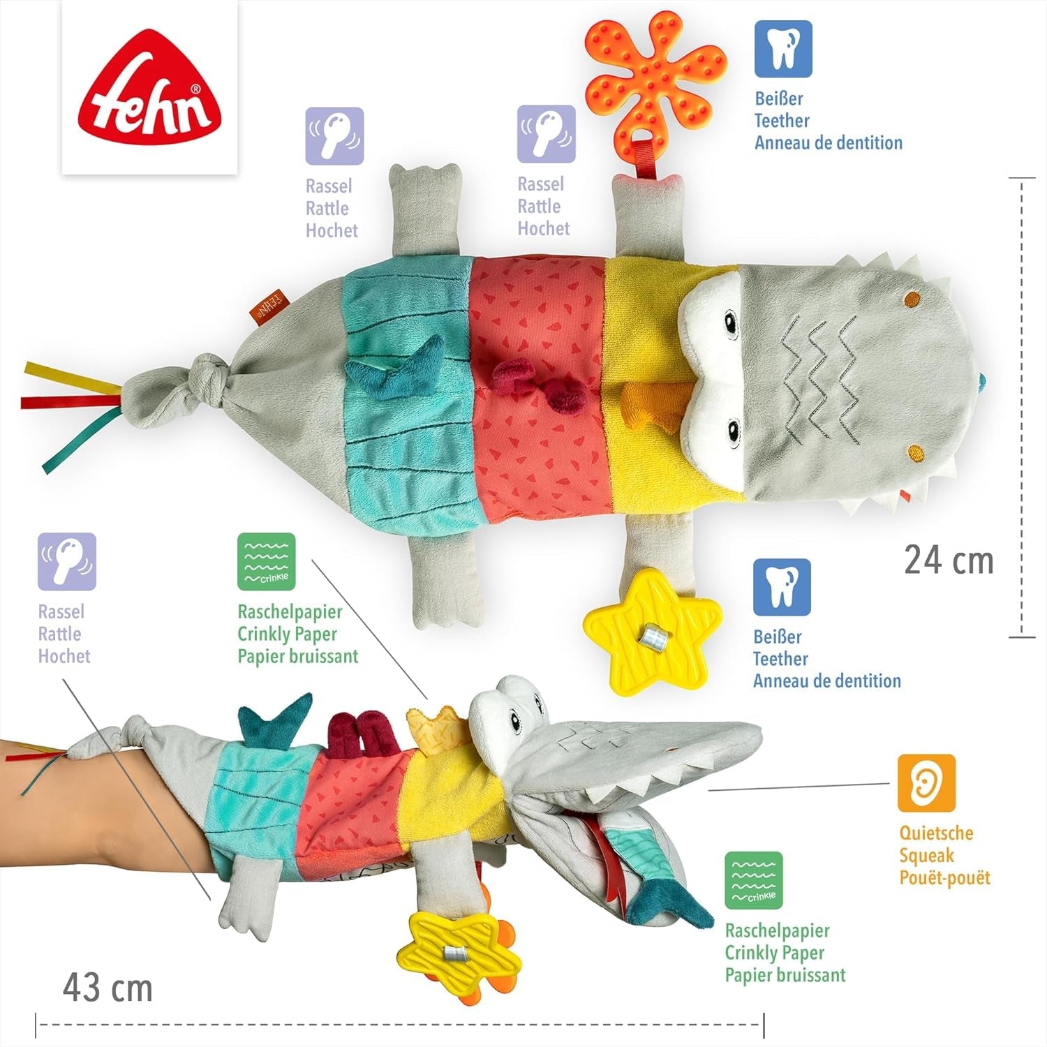 Fehn Burattino da Mano Coccodrillo - Peluche con Sonaglio, Carta frusciante, Massaggiagengive e Cigolio - Marionetta da Mano per Neonati e Bambini dai 6 Mesi in su Naty Shop