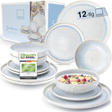 SANGER | Set di stoviglie Santorini da 12 pezzi Set di piatti per 4 persone Set di stoviglie in gres con valutazione MOLTO BUONA che comprende piatti piani, piatti da dessert e piatti Suma crema lilla sfumatura blu | LA COLLEZIONE PREMIUM