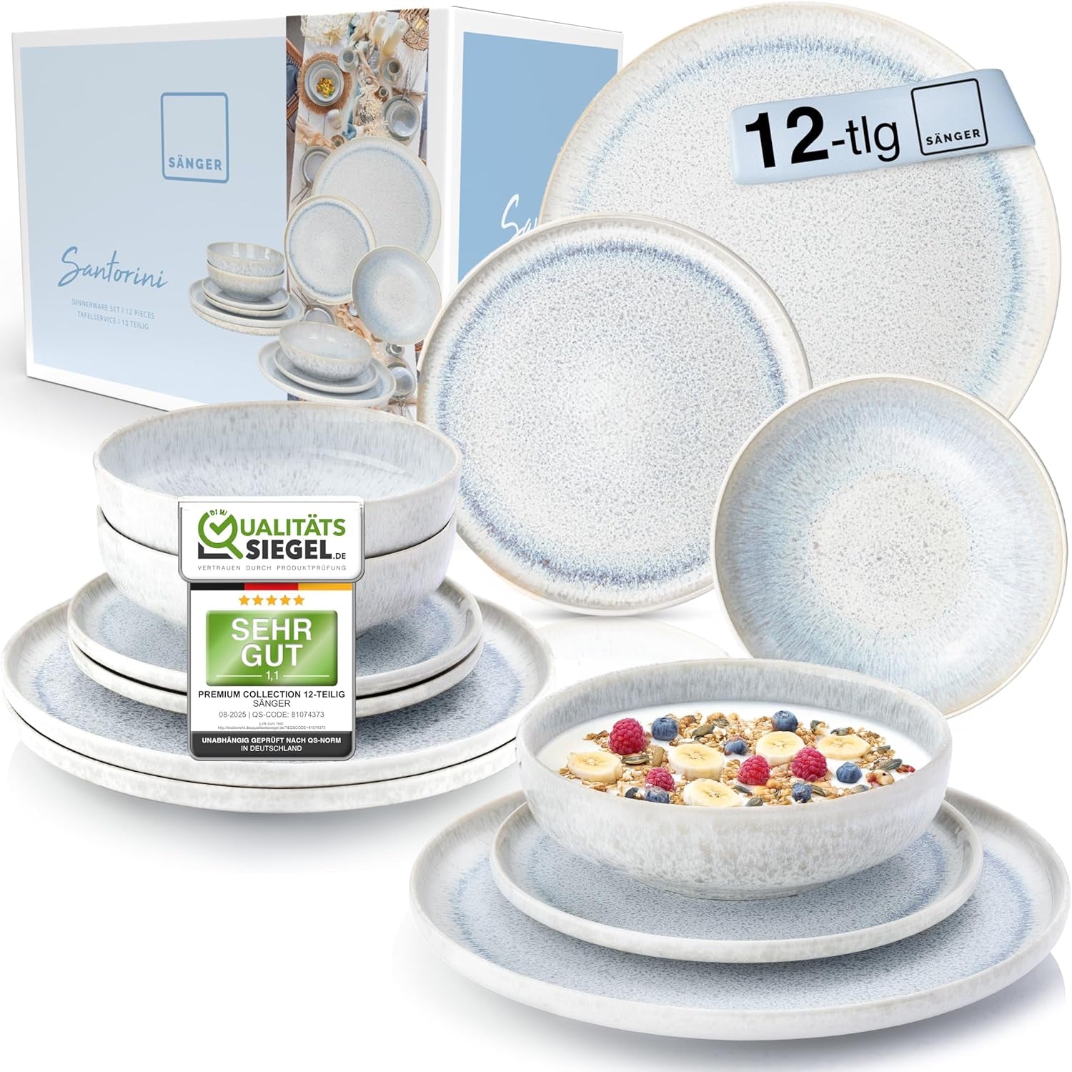 SANGER | Set di stoviglie Santorini da 12 pezzi Set di piatti per 4 persone Set di stoviglie in gres con valutazione MOLTO BUONA che comprende piatti piani, piatti da dessert e piatti Suma crema lilla sfumatura blu | LA COLLEZIONE PREMIUM