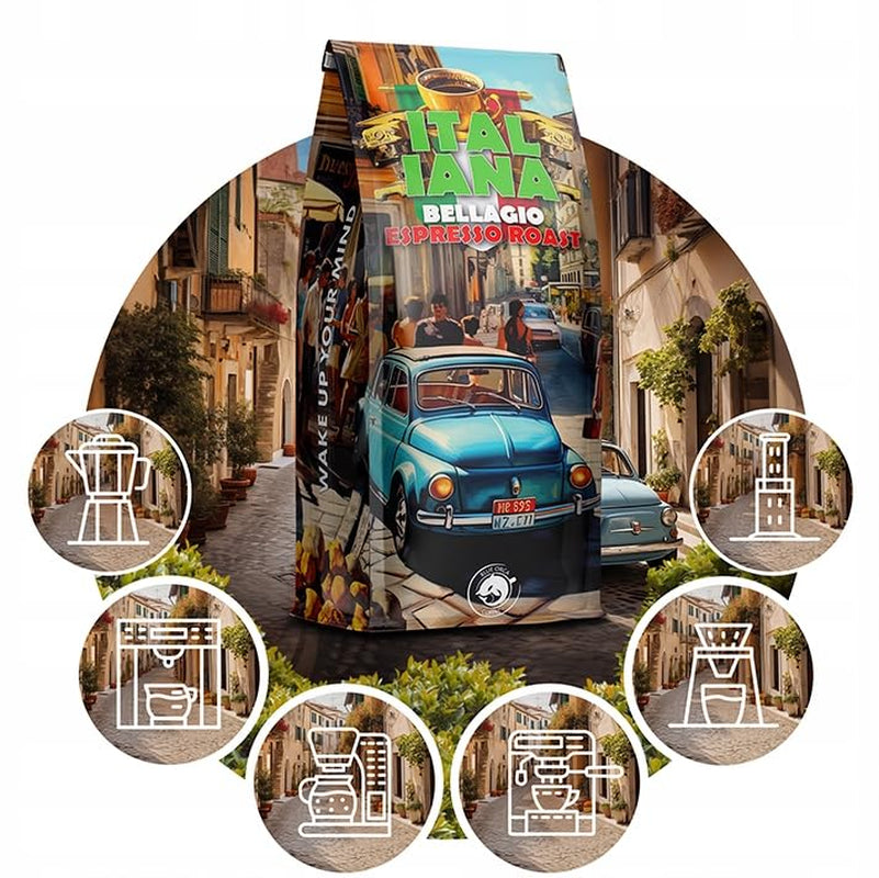 Caffè in grani tostati Italiana Bellagio 1kg | 80% Arabica e 20% Robusta | con sentori di frutta secca e cioccolato fondente | appena tostato, bassa acidità | per macchine da caffè | Caffè Orca Blu