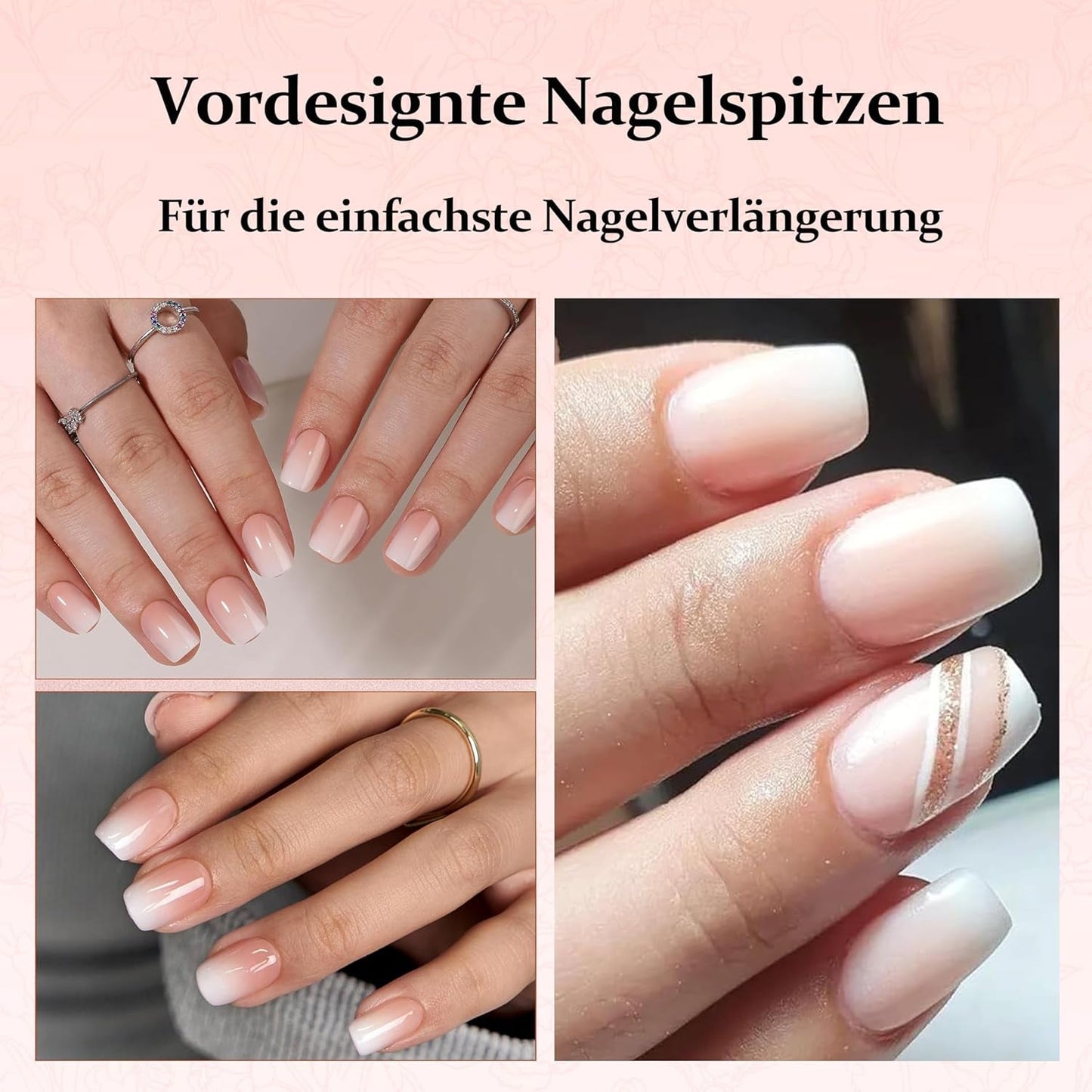 Set di 240 unghie quadrate sfumate, unghie artificiali sfumate bianche nude per colla con penna a olio, unghie finte naturali medie ombre per donne fai da te (Nude Square)