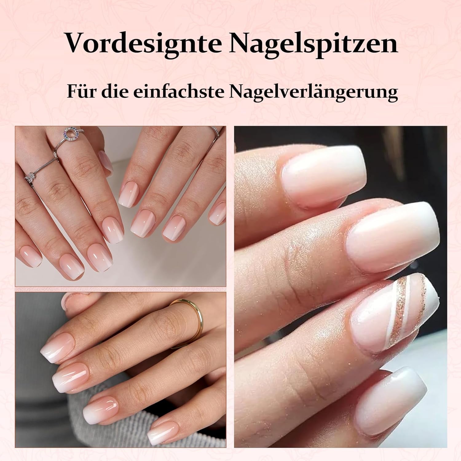 Set di 240 unghie quadrate sfumate, unghie artificiali sfumate bianche nude per colla con penna a olio, unghie finte naturali medie ombre per donne fai da te (Nude Square)