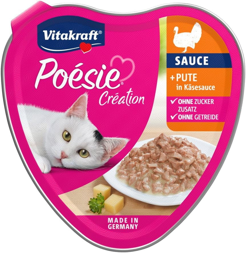 Vitakraft Poésie Création, cibo umido per gatti, cibo umido per gatti in salsa, con tacchino in salsa di formaggio, confezione multipla, senza zuccheri aggiunti o cereali (15 x 85 g)