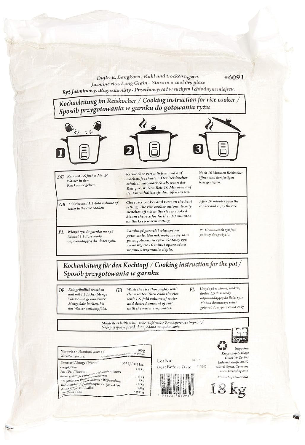 Riso profumato/riso gelsomino, chicco lungo, qualità AAA, 1 confezione (1 x 18 kg)