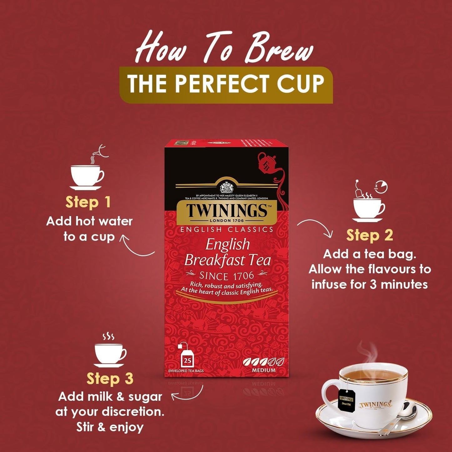Twinings English Breakfast Black Tea 50g, 25 bustine di tè, tè nero pieno, rotondo e forte proveniente dalle migliori piantagioni di tè dello Sri Lanka e dell'India. Tè nero Confezione da 1 (1 x 50 g)