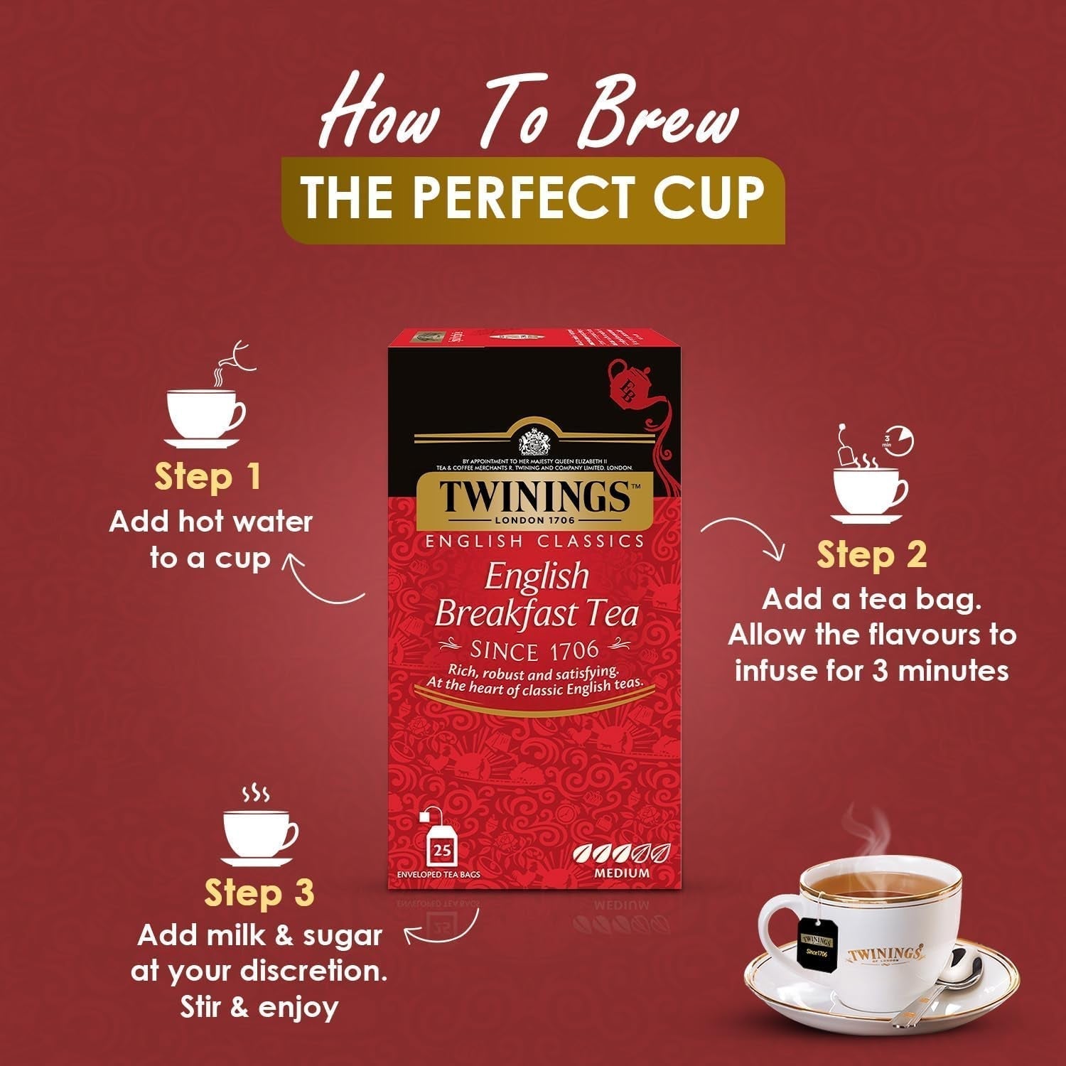 Twinings English Breakfast Black Tea 50g, 25 bustine di tè, tè nero pieno, rotondo e forte proveniente dalle migliori piantagioni di tè dello Sri Lanka e dell'India. Tè nero Confezione da 1 (1 x 50 g)