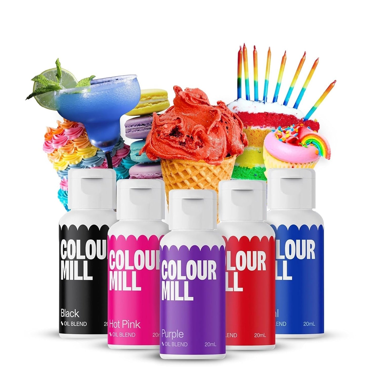 Set coloranti alimentari liquidi Color Mill - 5 x 20 ml a base di olio (nero, rosa shocking, viola, rosso e blu) - Resistente ai raggi UV - Perfetto per cuocere al forno e come guarnizione per torte, muffin e decorazioni per torte