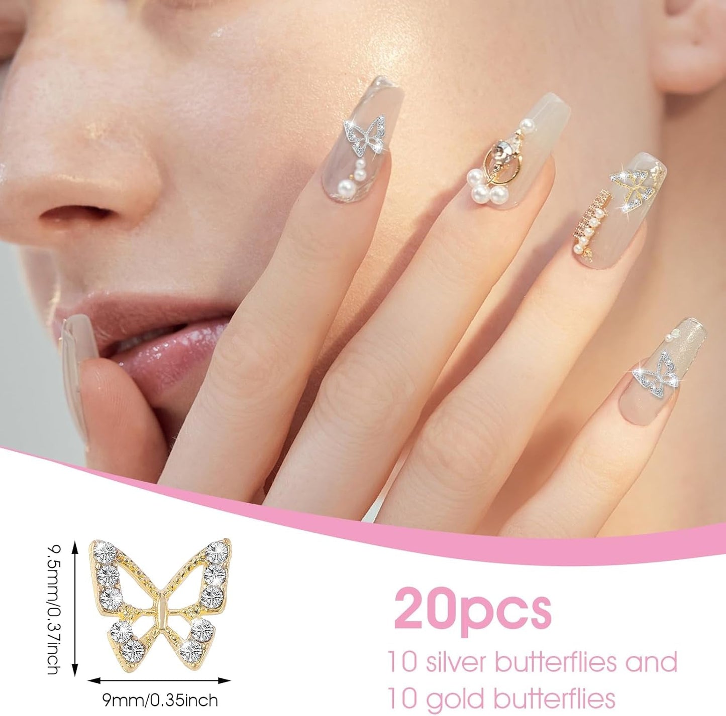 20 pz. Glitter Farfalla Ciondoli per Unghie, Strass per Nail Art, Pietre per Unghie, Farfalla Nail Art, Strass, Ciondoli per Unghie di San Valentino, Decorazione Fai da Te per Custodia per Cellulare