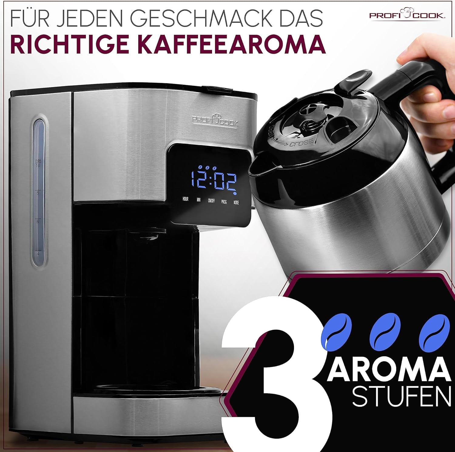 Macchina da caffè Profi Cook | 8-10 tazze | Temporizzatore | Controlli tattili con sensore | Caraffa termica a doppia parete da 1,2 litri | Sigillo di sapore | Caffettiera con filtro in acciaio inox | PC-KA 1191