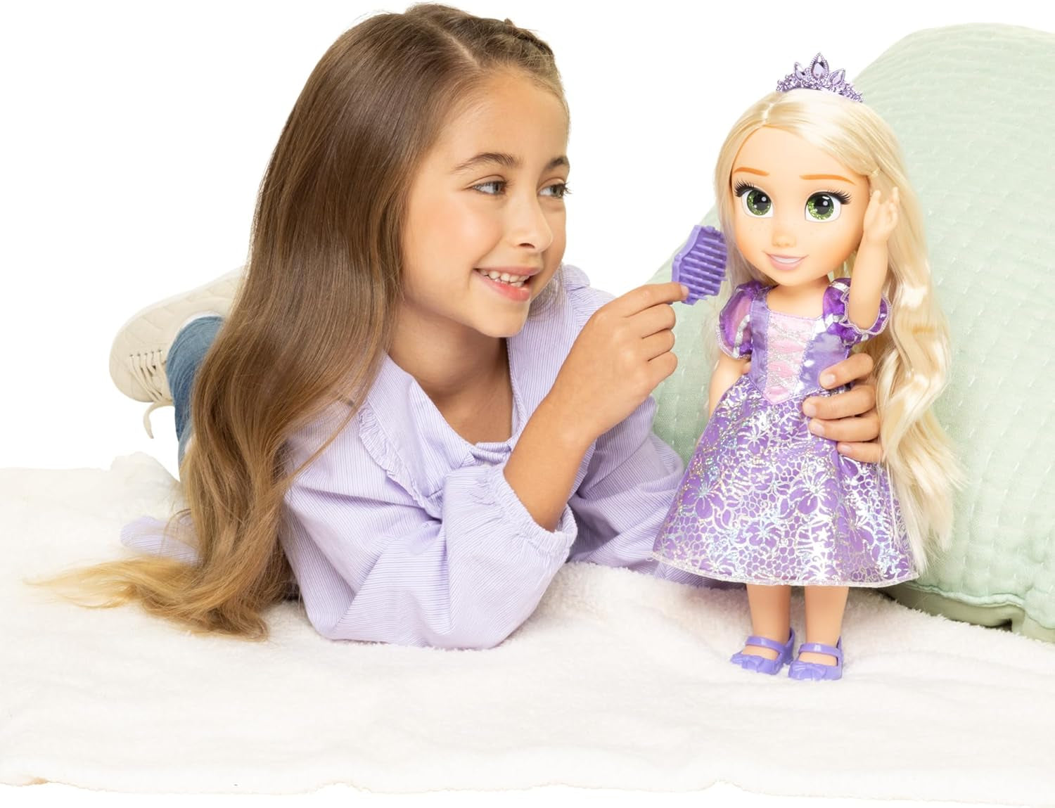 Disney Princess Rapunzel bambola da 35 cm, occhi riflettenti glitterati, articolazioni mobili, vestito staccabile, scarpe, corona, lunghi capelli biondi, per ragazze dai 3 anni in su