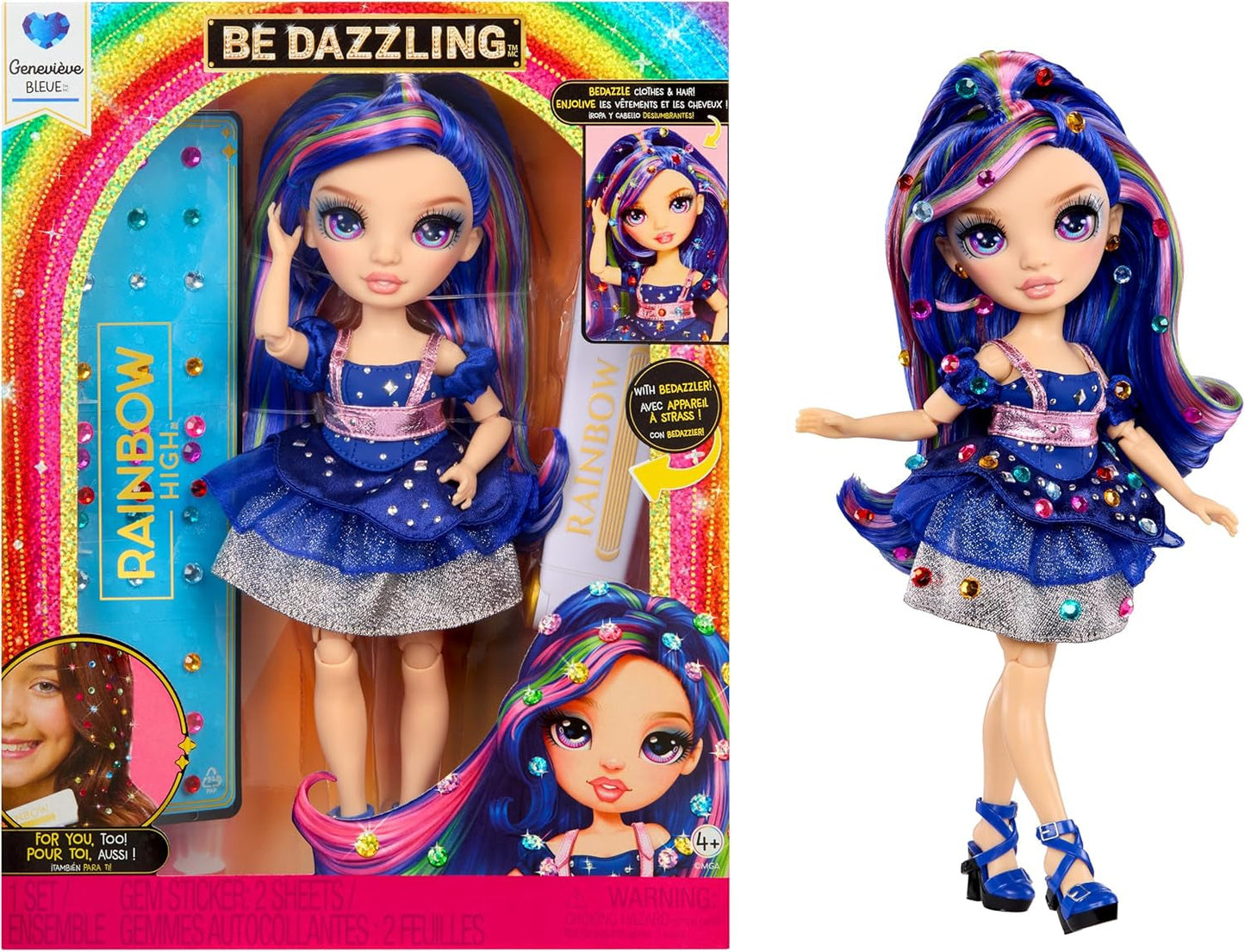 Rainbow High Be Dazzling - Genevieve Bleue - Bambola alla moda blu da 28 cm con strumento per abbellimenti, pietre preziose scintillanti e accessori per lo styling