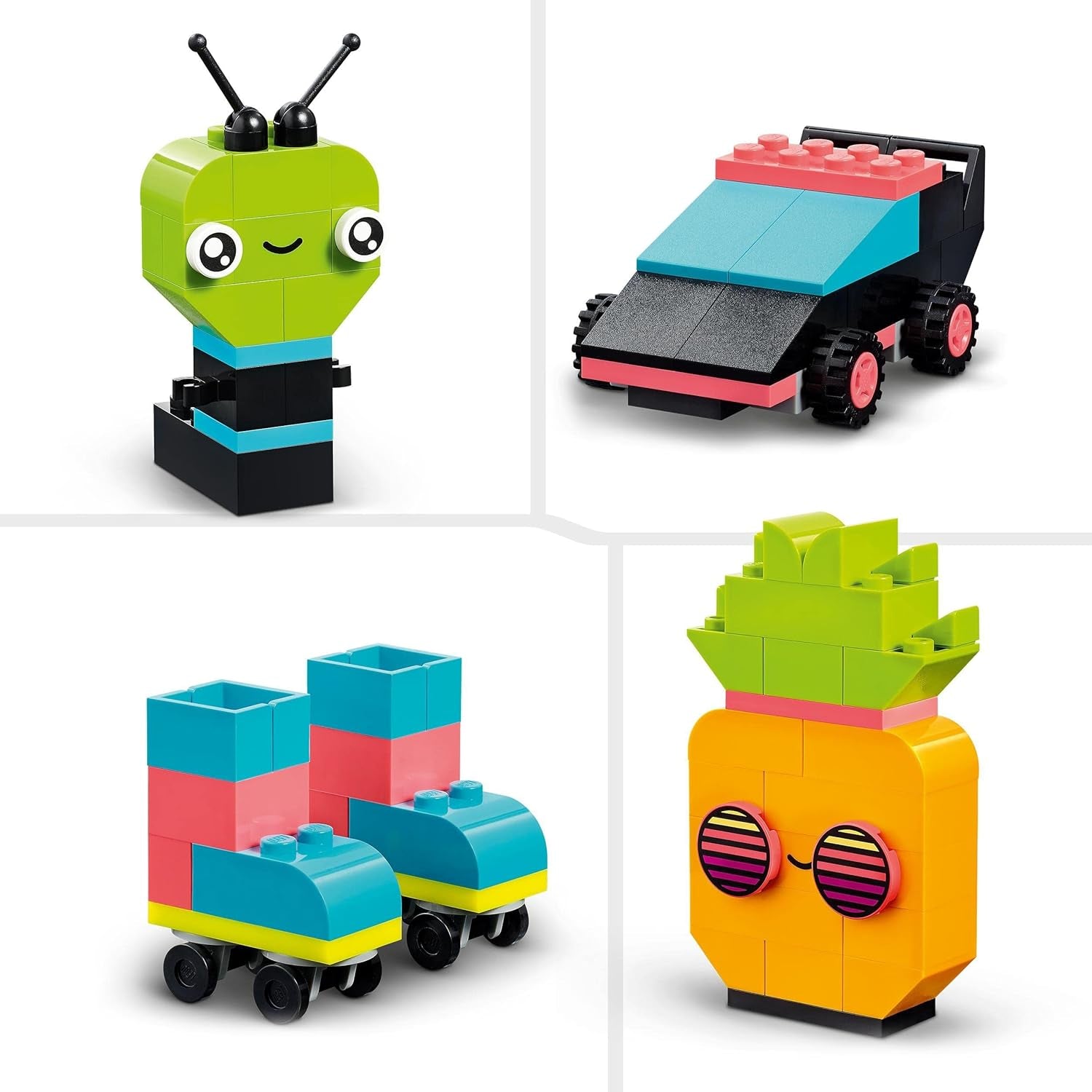 LEGO 11027 Classic Neon Creative Building Set, Brick Box Set, Giocattolo da costruzione con modelli: macchina, ananas, alieno, pattini a rotelle, personaggi e altro, per bambini dai 5 anni in su Set da costruzione Besuche den LEGO-Store
