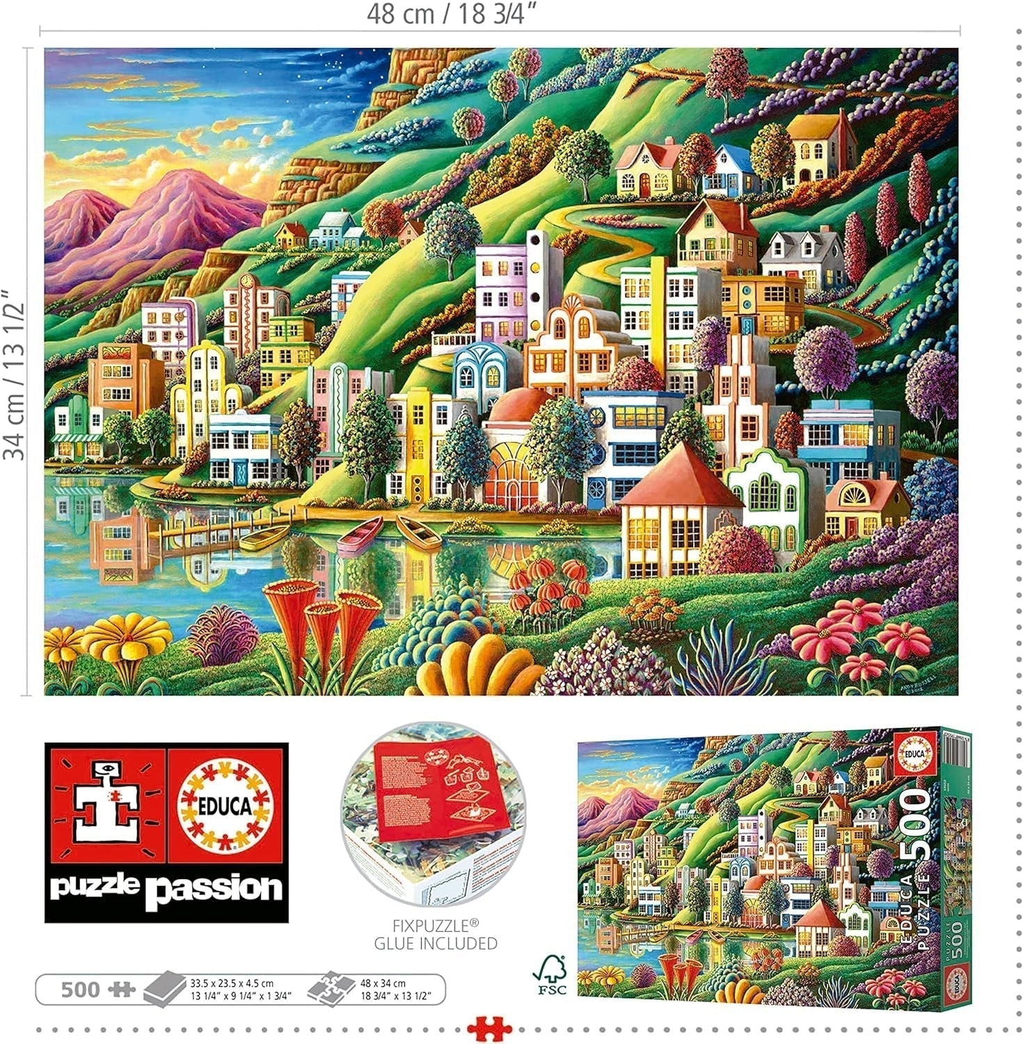 Educa - Puzzle 500 pezzi per adulti | Villaggio colorato in riva al lago, puzzle da 500 pezzi per adulti e bambini a partire da 11 anni, puzzle paesaggistico, illustrazione (19552) Puzzle Naty Shop