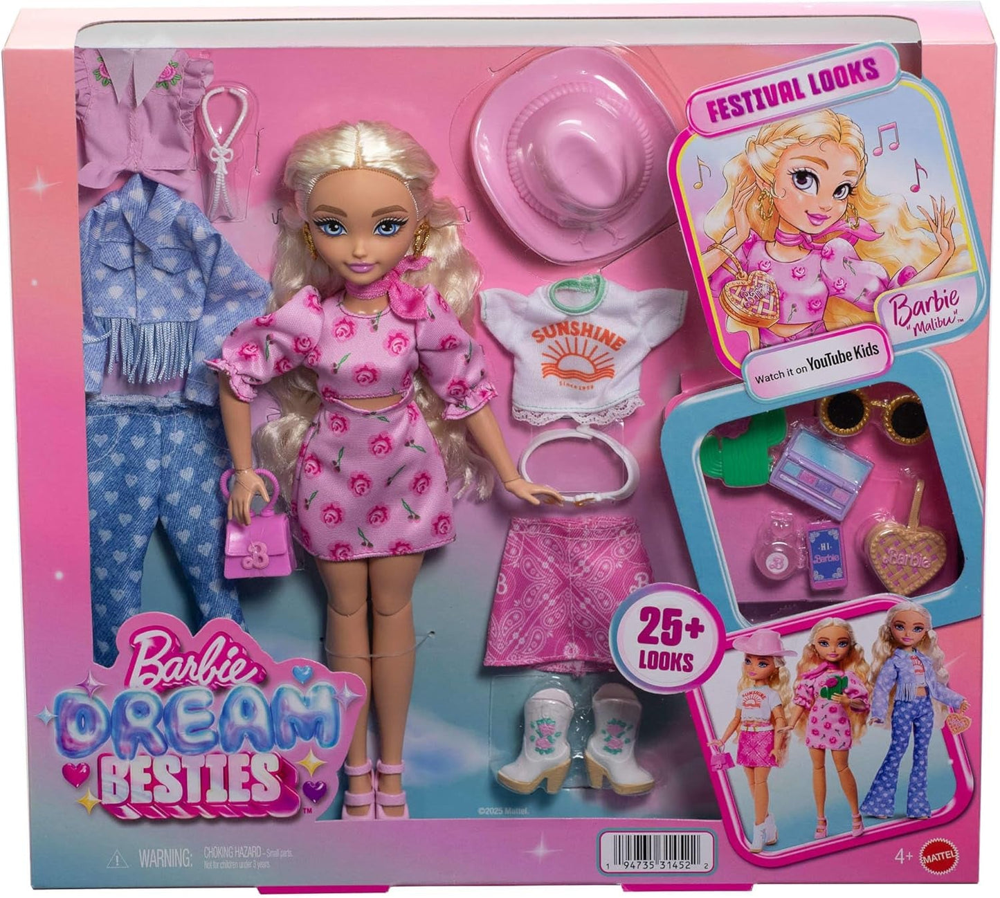 Set Barbie Dream Besties Festival Looks, con la bambola Barbie Malibu con lunghi capelli biondi per lo styling e oltre 10 vestiti e accessori rimovibili, JGH87