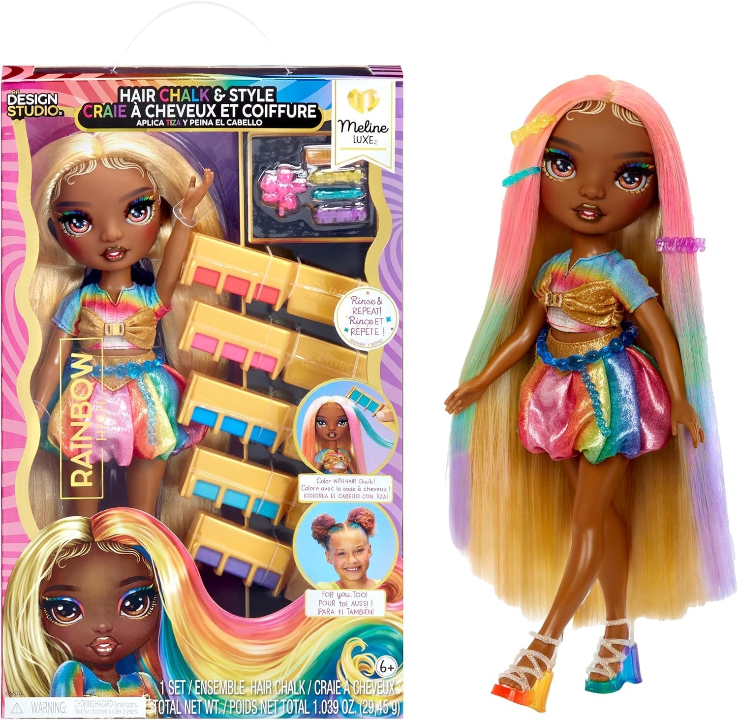 Bambola con gesso e styling per capelli alti arcobaleno - Meline - Bambola con gesso per capelli lavabile arcobaleno e oro da 28 cm, colora, acconcia, gioca, risciacqua e ripeti, per bambini dai 4 ai 12 anni
