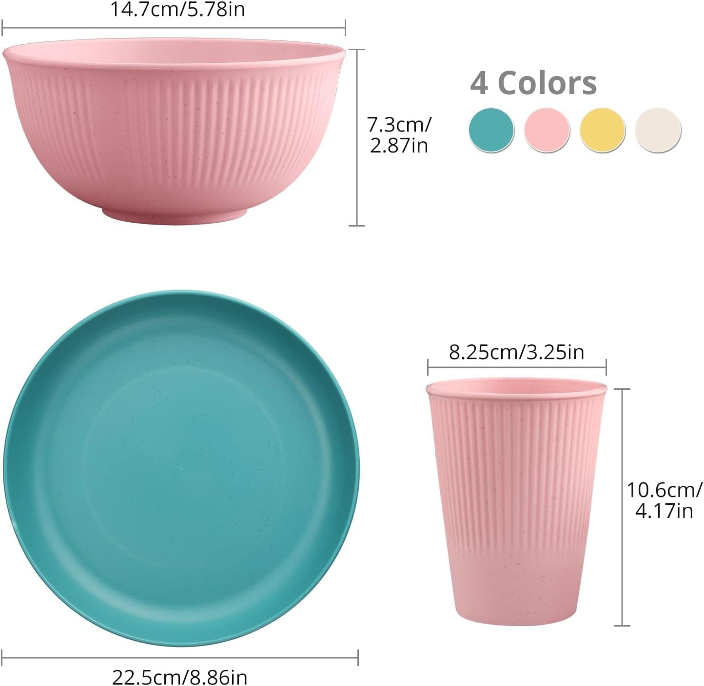 Tanice Set di stoviglie in plastica da 12 pezzi Piatti e ciotole Set di stoviglie per bambini per 4 persone Set di stoviglie in plastica con piatti, ciotole e tazze per cucina campeggio all'aperto
