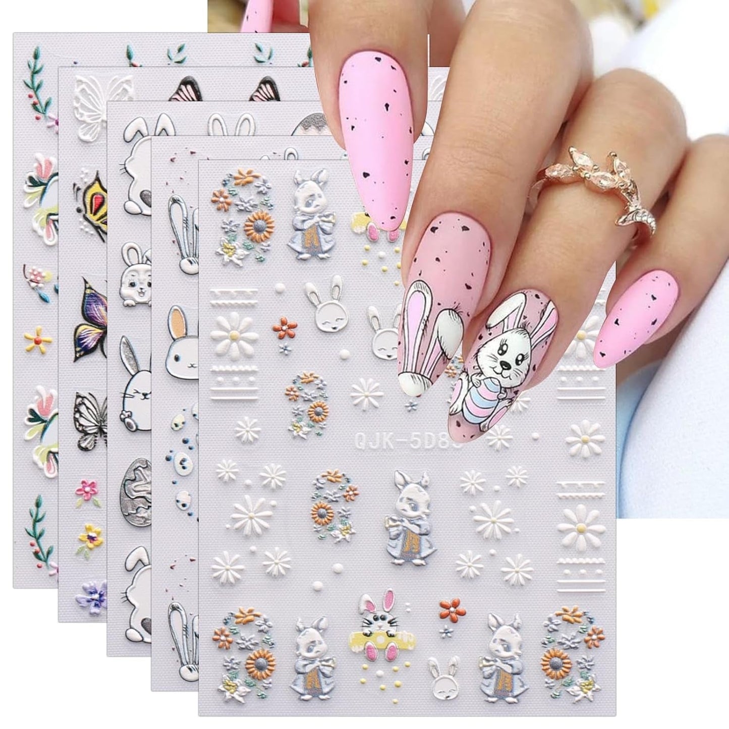 JMEOWIO 6 Blatt 3D Nagelsticker Ostern Nail Art Sticker Selbstklebend Nagelaufkleber 5D Stereoscopico Süßer Hase Ei Dekoration Nageldesign Zubehör
