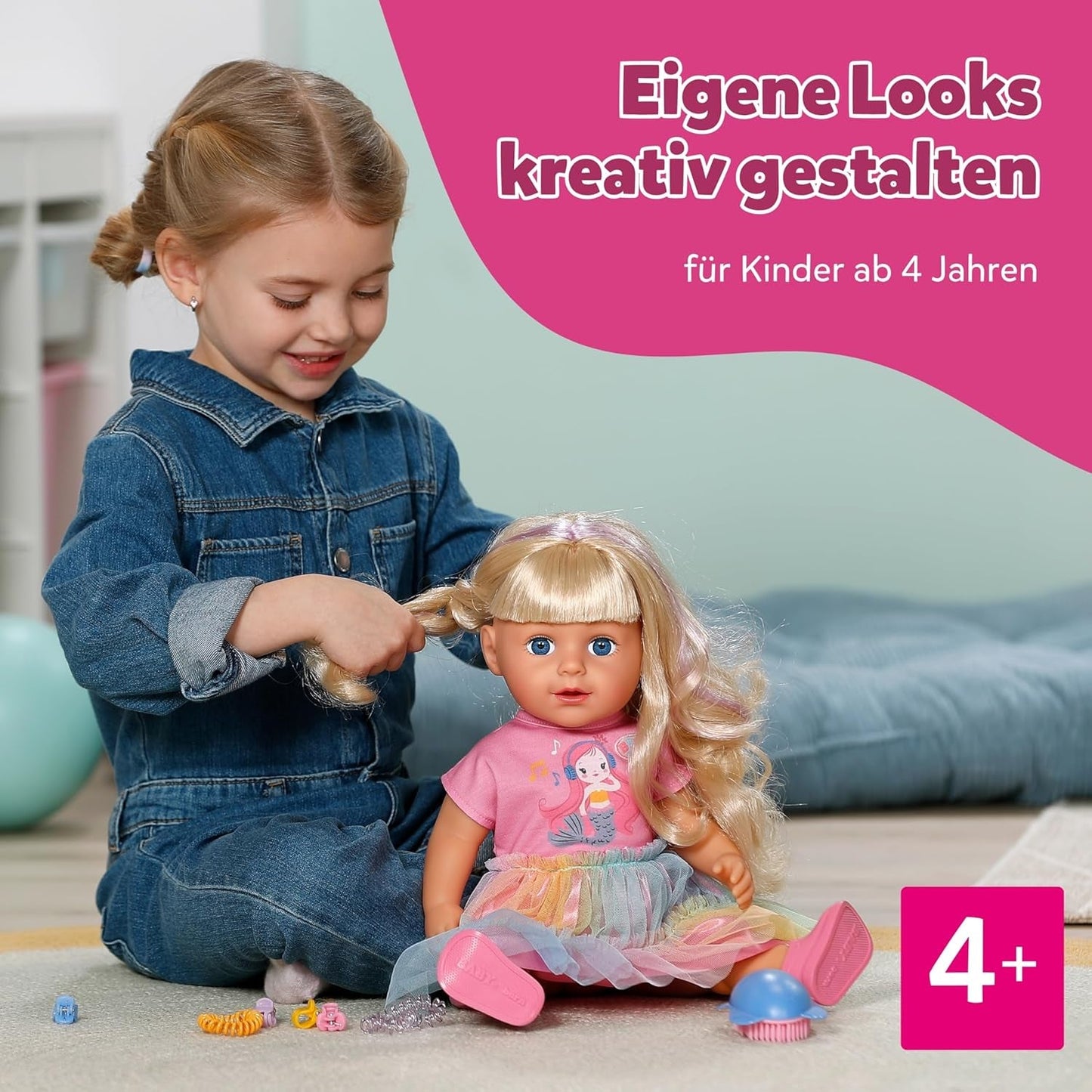 BABY nata Carla - bambola da 43 cm - capelli biondi con ciocche di alta qualità - non sono necessarie batterie - adatta per bambini dai 4 anni in su - include 7 accessori, rosa