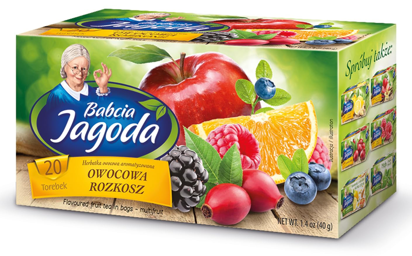 Babcia Jagoda - Tè alla frutta "Fruchtige Verführung" - 20 bustine di tè - Con ibisco, mela, aronia, mora, rosa canina, scorza d'arancia - Sapore intenso di frutta, senza caffeina, vegano, naturale, Cay - 40G