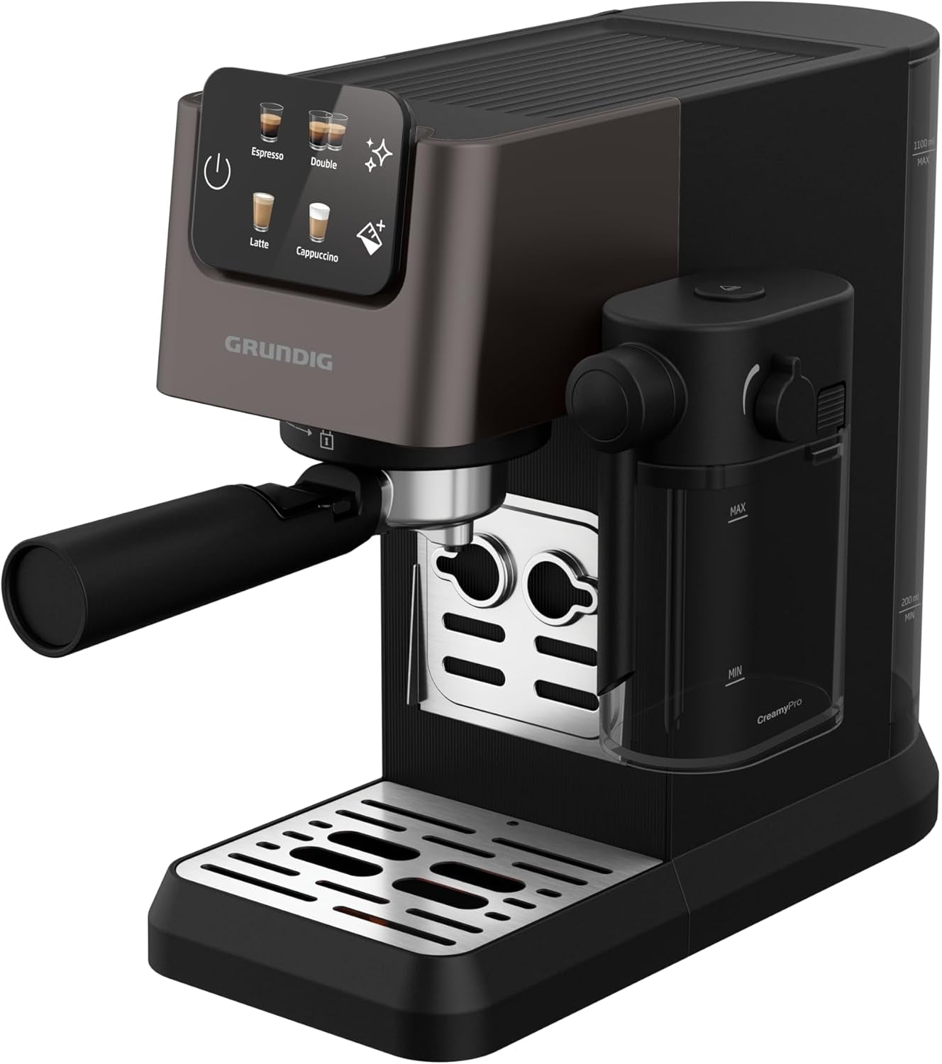 Macchina per caffè espresso portafiltro GRUNDIG KSM 5330 con contenitore del latte integrato, potenza 1628 W, pressione della pompa 15 bar, doppio ugello, display touch a colori, BrewSense, CreamyPro, Acciaio inossidabile scuro/Nero
