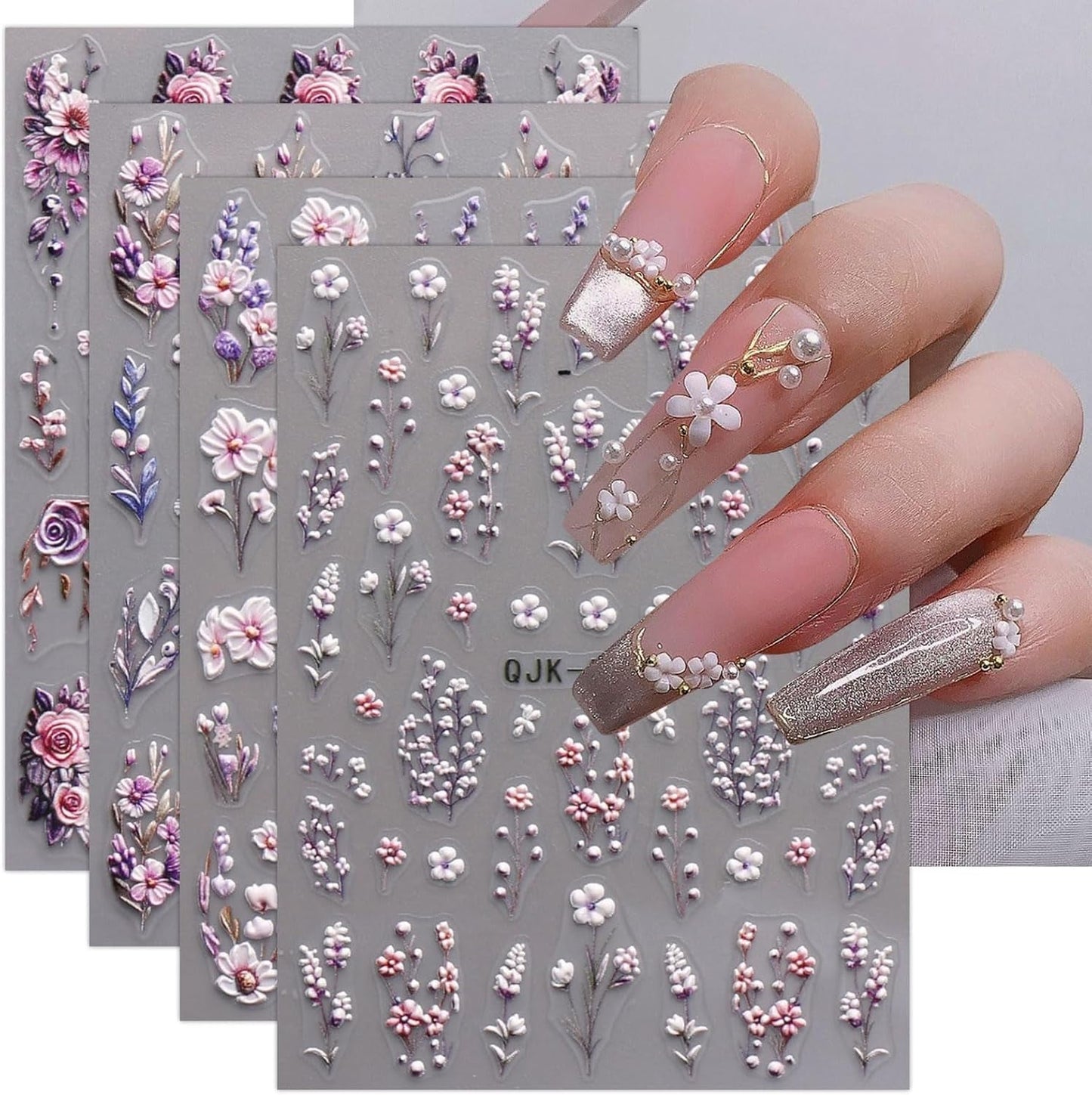 JMEOWIO 3D Nagelsticker Blumen Nail Art Sticker Selbstklebend Nagelaufkleber 5D Stereoscopico Frühling Sommer Dekoration Nageldesign Zubehör 4 Blatt