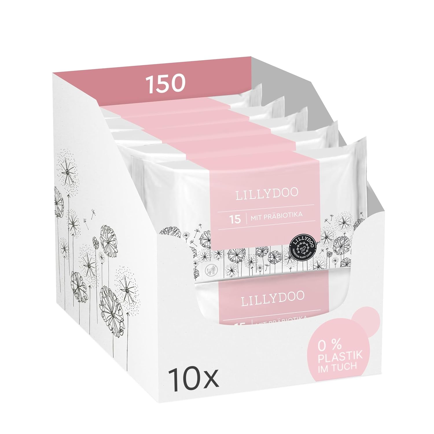 LILLYDOO Salviette umidificate Green, 600 salviette (10 x 60), salviette resistenti allo strappo 100% senza plastica - Senza profumo, delicate e naturali, detergenti delicati per pelli sensibili, dermatologicamente testate