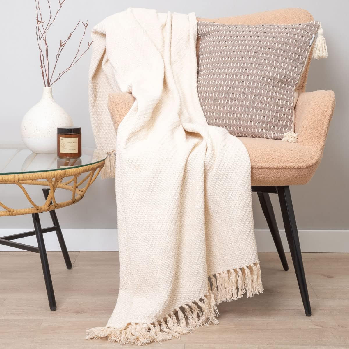 HOMLA Morris Plaid Coperta in cotone con frange - Coperta morbida e confortevole Coperta in cotone - tessuto pregiato 130 X 170 cm Ecru Letti e coperte Besuche den HOMLA-Store
