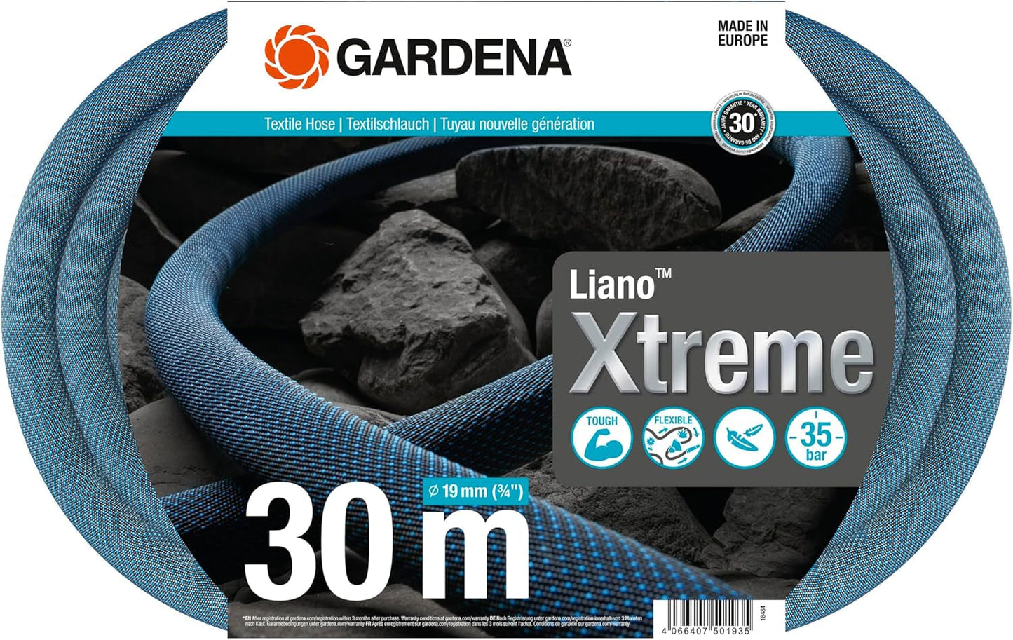 Gardena Liano Xtreme 3/4 pollici, Set 30 m: Tubo da giardino in tessuto estremamente robusto con tubo interno in PVC, leggero, resistente alle intemperie (18484-20), Multicolore