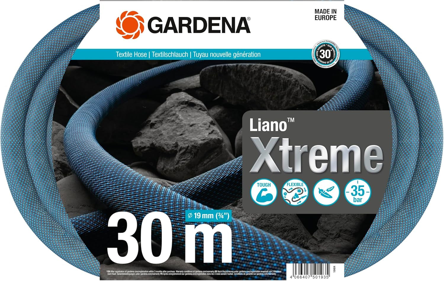 Gardena Liano Xtreme 3/4 pollici, Set 30 m: Tubo da giardino in tessuto estremamente robusto con tubo interno in PVC, leggero, resistente alle intemperie (18484-20), Multicolore