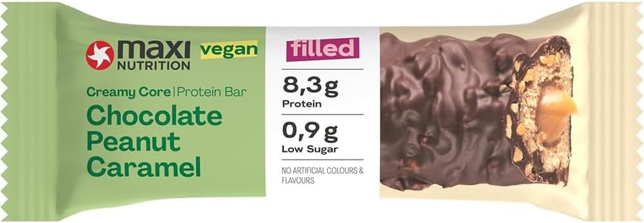 MaxiNutrition Barretta proteica vegana cremosa con cioccolato, arachidi e caramello 12x45g - barretta proteica vegana, 18% di proteine, 8,3 g per barretta, basso contenuto di zucchero (0,9 g), senza zuccheri aggiunti, senza aromi artificiali
