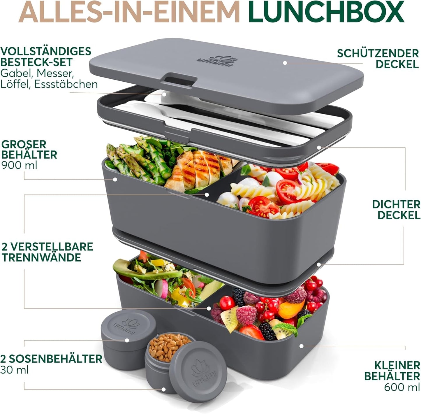 Portapranzo Umami per Adulti, Bento Box impilabile con 4 posate e scomparti, Portapranzo per adulti, Contenitore per insalata da asporto, Portapranzo da picnic/ufficio, Grigio antracite, Scatole per alimenti da 1500 ml Naty Shop