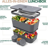 Portapranzo Umami per Adulti, Bento Box impilabile con 4 posate e scomparti, Portapranzo per adulti, Contenitore per insalata da asporto, Portapranzo da picnic/ufficio, Grigio antracite, Scatole per alimenti da 1500 ml Naty Shop